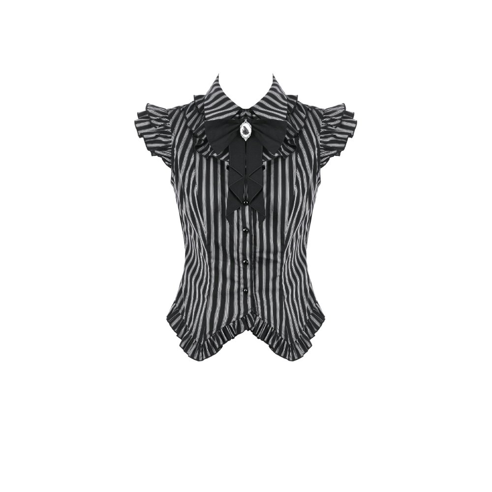 Dark in Love - Gothic Striped with Crow Emblem, Ruffled Wing Sleeves and Victorian Swallowtail Hem Blouse - Black/Grey